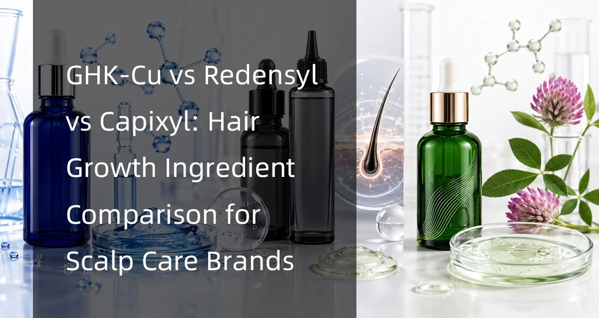 Various hair growth products and natural ingredients in glass bottles with molecular graphics and a scalp illustration highlighting GHK-Cu, Redensyl, and Capixyl.